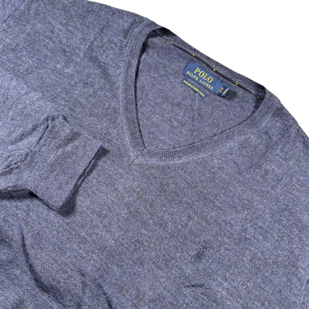 Polo Ralph Lauren Men V Neck Sweater Washable Merino Wool XL Blue Preppy Classic